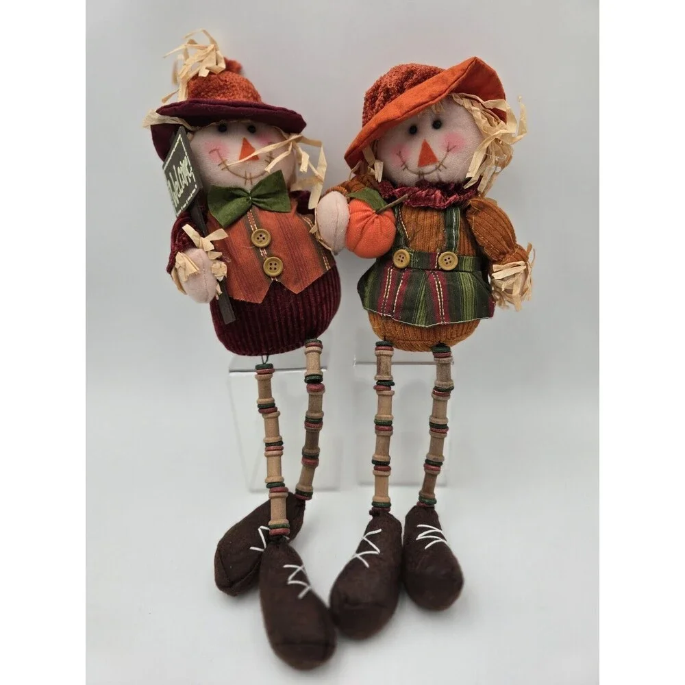 Scarecrow Couple Shelf Sitters Spool Bead Legs Welcome Sign‎ Autumn Decor 17
